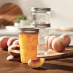 Peach preserves in a jar on a counter