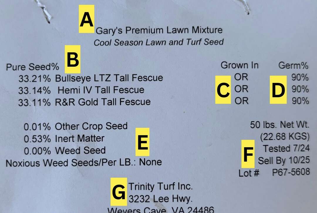 Grass Seed Label example