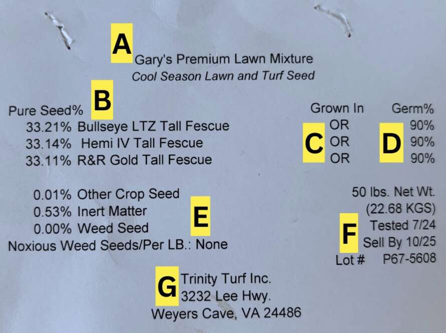 Grass Seed Label example