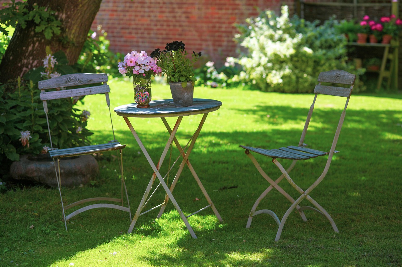 A table and chair set up in the shade of a tree